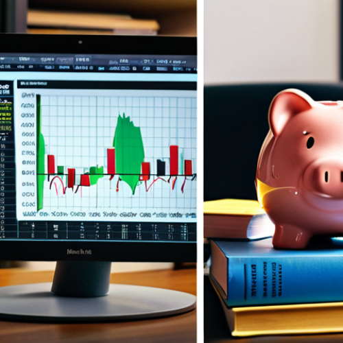 **

Prompt: A split image. On the left, a serene, softly lit image of a piggy bank nestled amongst savings books in a tidy home setting, emphasizing security and growth. On the right, a dynamic, brightly lit image of a trading floor with stock tickers, charts, and diverse people, emphasizing investment opportunities and growth potential with calculated risk.

**