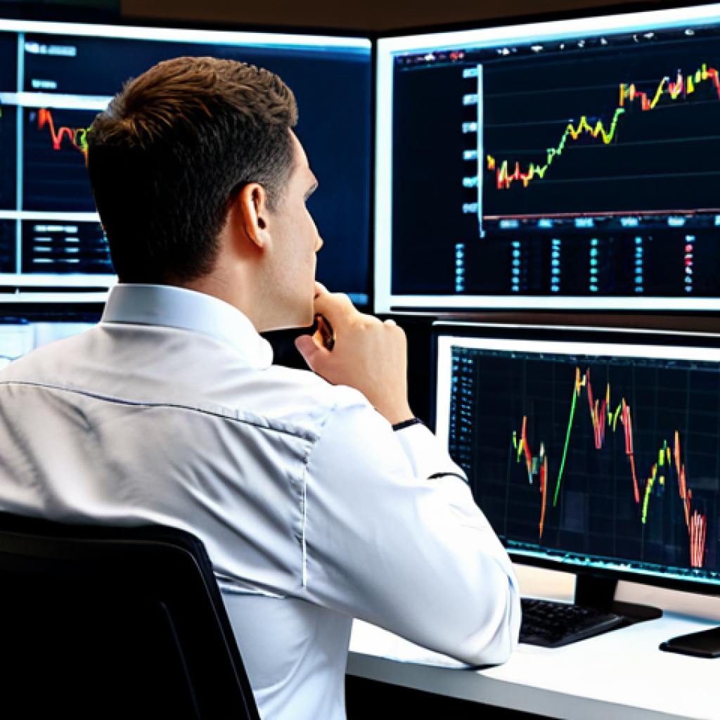 A professional financial analyst in a modest, dark business suit and a light-colored shirt, sitting at a sleek desk with perfect anatomy and natural pose. They have a contemplative and slightly concerned expression as they observe complex financial charts on multiple large monitors, well-formed hands with proper finger count. The background is a modern, clean financial trading floor with soft, diffused lighting. Fully clothed, appropriate attire, professional dress, safe for work, appropriate content, modest, natural body proportions, high-quality professional photography, ultra-detailed, realistic.