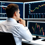A professional financial analyst in a modest, dark business suit and a light-colored shirt, sitting at a sleek desk with perfect anatomy and natural pose. They have a contemplative and slightly concerned expression as they observe complex financial charts on multiple large monitors, well-formed hands with proper finger count. The background is a modern, clean financial trading floor with soft, diffused lighting. Fully clothed, appropriate attire, professional dress, safe for work, appropriate content, modest, natural body proportions, high-quality professional photography, ultra-detailed, realistic.