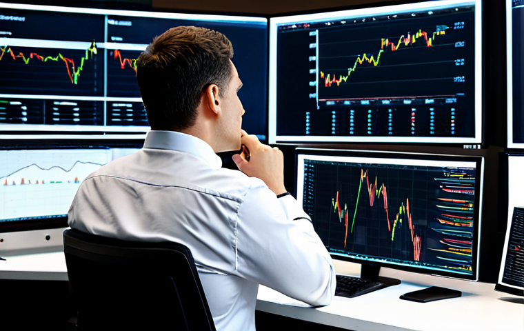 A professional financial analyst in a modest, dark business suit and a light-colored shirt, sitting at a sleek desk with perfect anatomy and natural pose. They have a contemplative and slightly concerned expression as they observe complex financial charts on multiple large monitors, well-formed hands with proper finger count. The background is a modern, clean financial trading floor with soft, diffused lighting. Fully clothed, appropriate attire, professional dress, safe for work, appropriate content, modest, natural body proportions, high-quality professional photography, ultra-detailed, realistic.