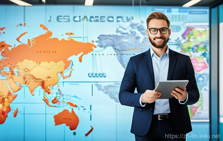 해외 취업자 금융 관리법 - A confident, diverse adult, wearing stylish business casual attire, stands in a modern, light-filled...