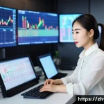 외화 ETF 투자 전략 - A modern financial analyst office scene showcasing a young Chinese professional woman in smart busin...