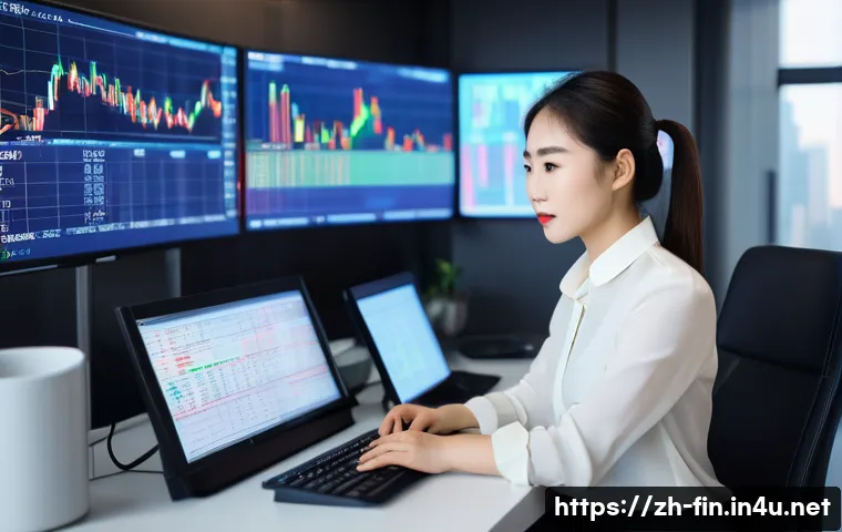 외화 ETF 투자 전략 - A modern financial analyst office scene showcasing a young Chinese professional woman in smart busin...