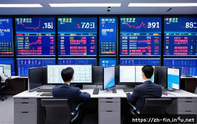 자유무역협정과 환율 관계 - A dynamic financial trading floor scene with multiple large digital screens displaying real-time cur...