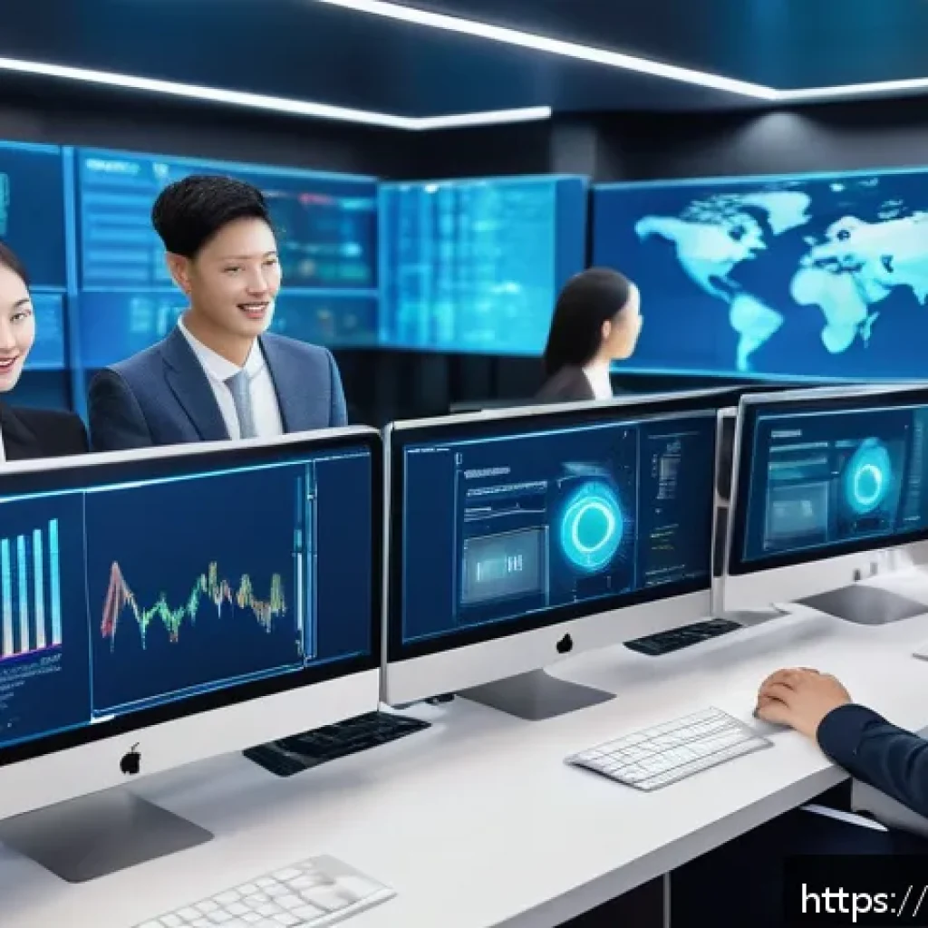 암호화폐와 전통 금융의 융합 - A futuristic financial technology office scene showing diverse professionals collaborating on digita...