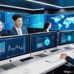 암호화폐와 전통 금융의 융합 - A futuristic financial technology office scene showing diverse professionals collaborating on digita...