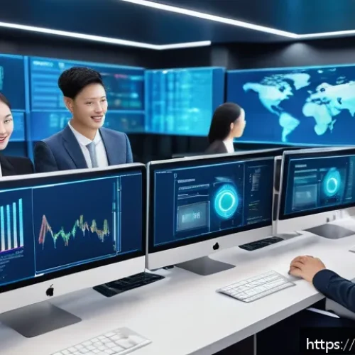 암호화폐와 전통 금융의 융합 - A futuristic financial technology office scene showing diverse professionals collaborating on digita...