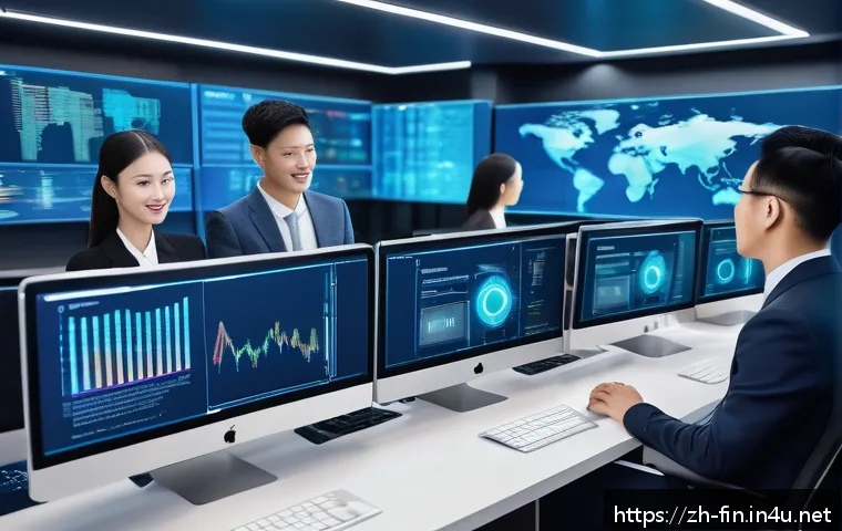 암호화폐와 전통 금융의 융합 - A futuristic financial technology office scene showing diverse professionals collaborating on digita...