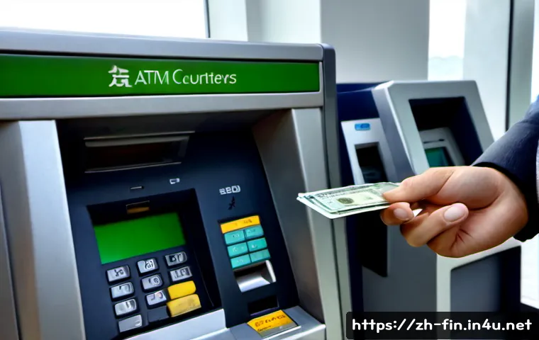 외화 ATM 사용법 - Photorealistic close-up of a modern international ATM in a clean airport terminal, an adult traveler...