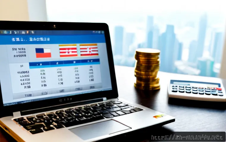 환율 예측 주요 지표 - Photorealistic financial analyst desk scene, close view of a laptop displaying abstract unlabeled cu...