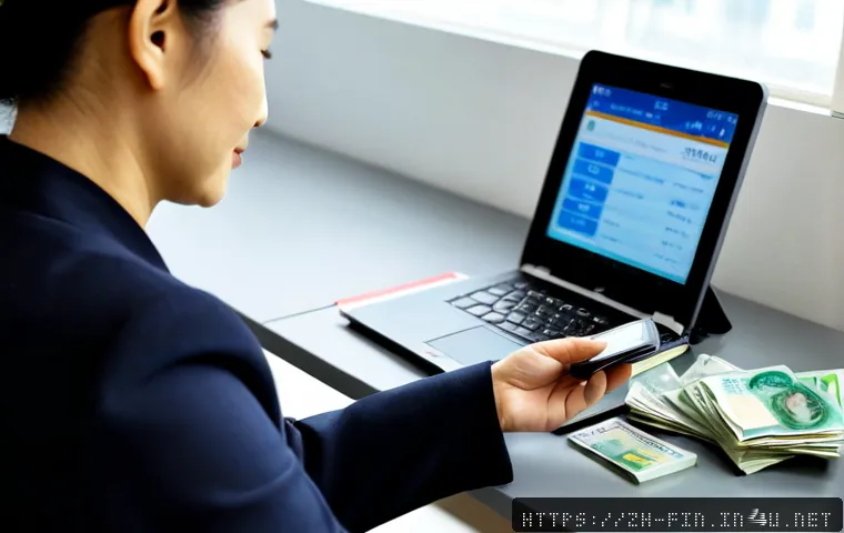 외화 통장 활용 사례 - Photorealistic modern banking scene, a middle-aged East Asian woman at a clean home office desk revi...